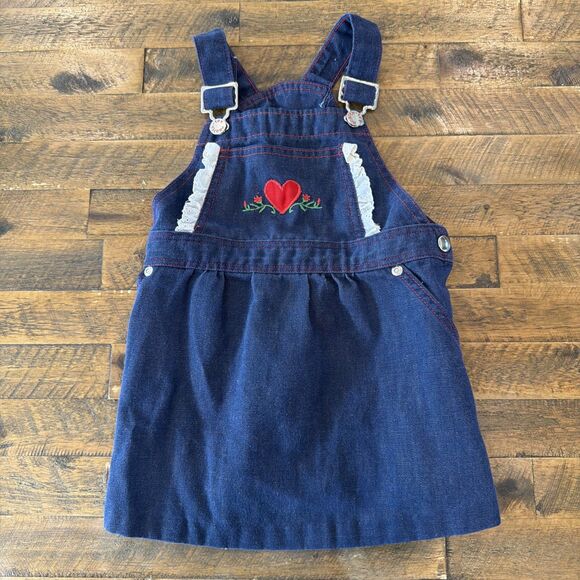 RARE Vintage 80s Health-Tex Denim Jumper Dress Hearts and Ruffles 3T - Picture 1 of 4